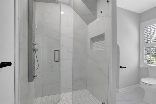 a bathroom with a shower and toilet