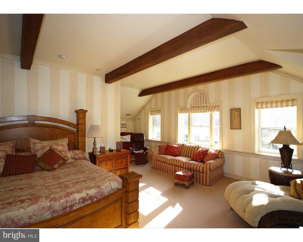 a bedroom with furniture and a large window