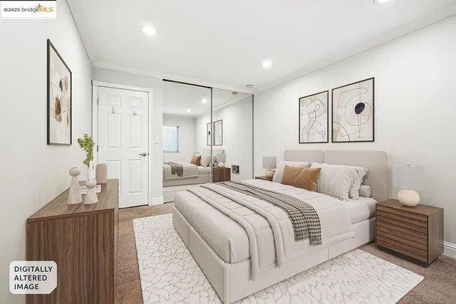 a bedroom with a large bed couch and windows