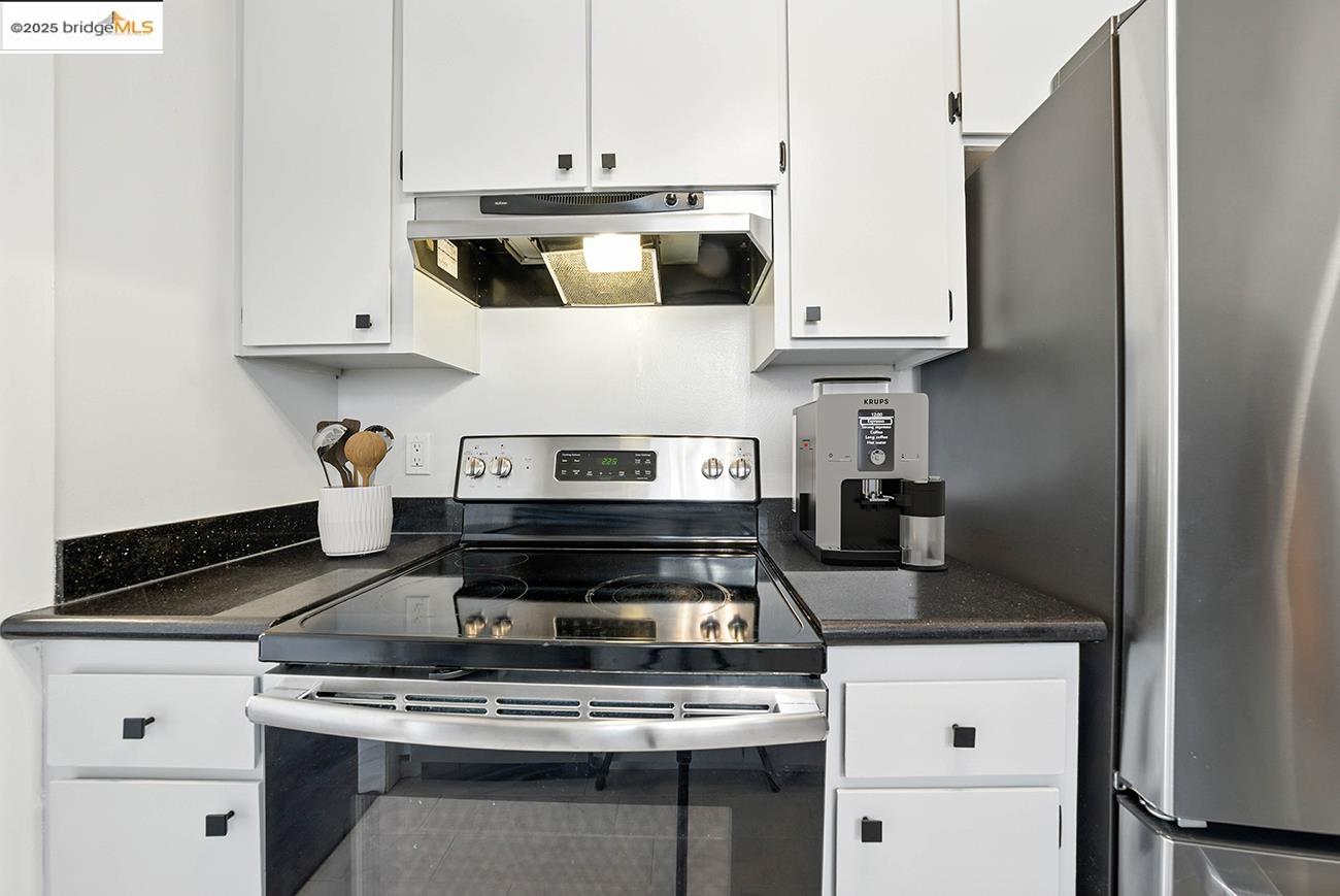 567 Oakland Avenue, Unit 101 Oakland, CA 94611 - Photo 6 of 50 Kitchen with dark countertops, stainless steel appliances, under cabinet range hood, and white cabinetry