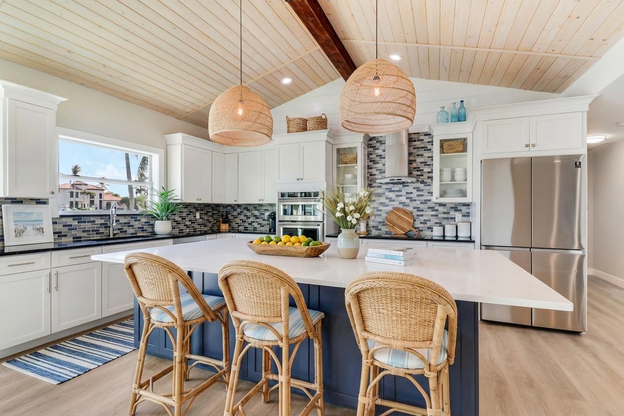 9195 Southeast Cove Point Street Jupiter, FL 33469 - Photo 12 of 80 a kitchen with stainless steel appliances granite countertop a dining table chairs refrigerator and sink
