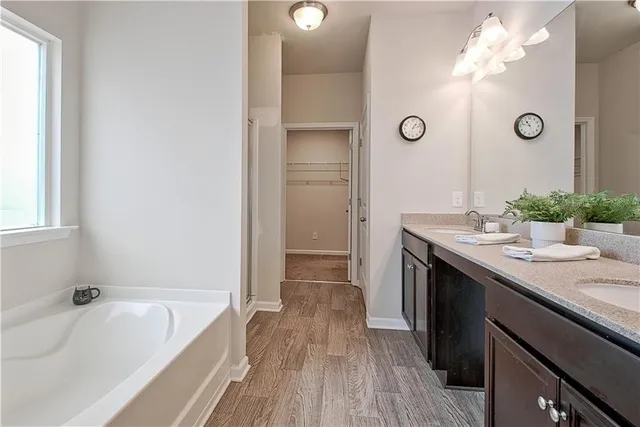 a bathroom with a tub sink and mirror