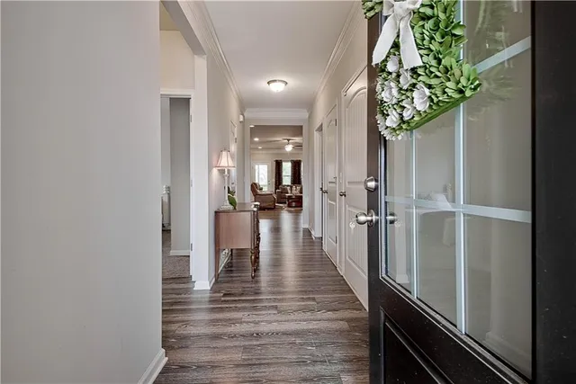 a view of a hallway view with wooden floor and a potted plant
