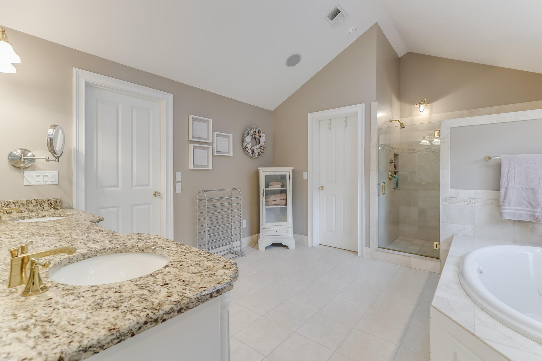 51 Meadow Farm Road Centerville, MA 02632 - Photo 24 of 45 a bathroom with a granite countertop sink a shower and a mirror