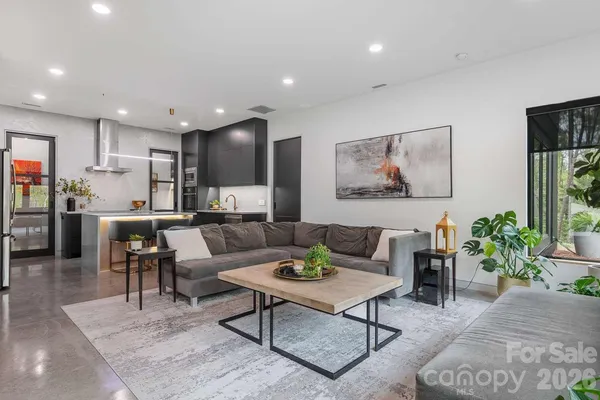 a living room with furniture kitchen view and a potted plant