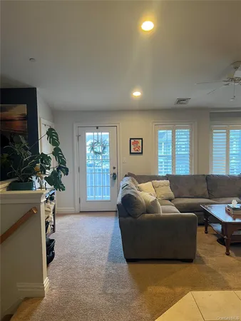 a living room with furniture and a potted plant