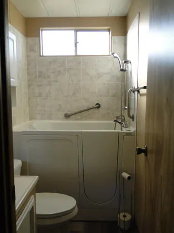 a view of a bathroom with a door