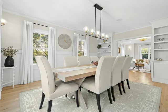 a view of a dining room with furniture window and wooden floor