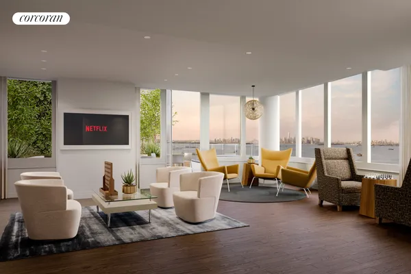 a living room with furniture large window and flat screen tv