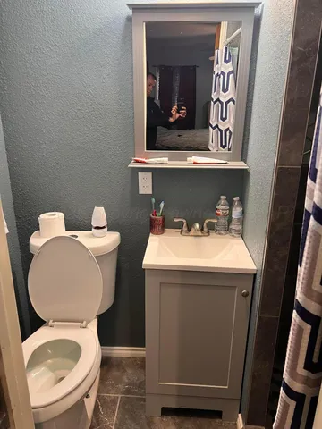 a bathroom with a toilet a sink and mirror