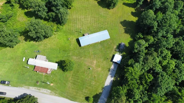 an aerial view of a pool