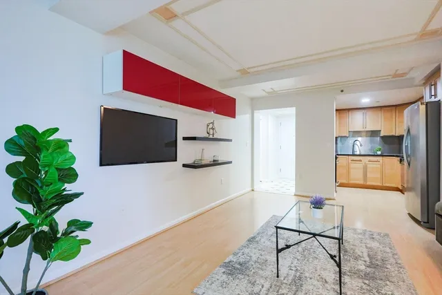 a living room with furniture flat screen tv and a potted plant