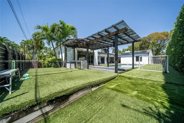 a view of a dining room with furniture