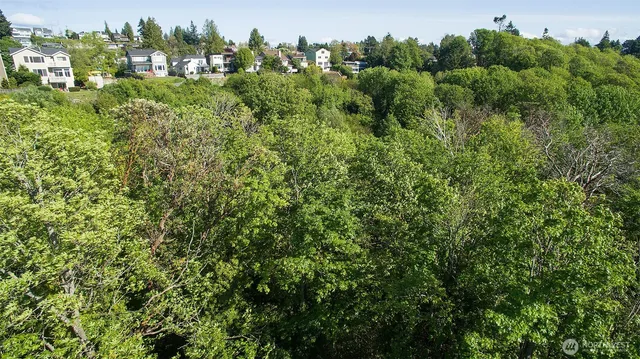 an aerial view of a houses with a yard