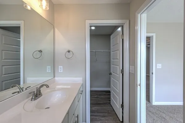 a bathroom with a sink and a mirror