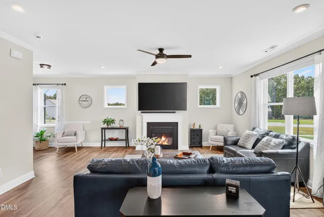 a living room with fireplace furniture and a flat screen tv