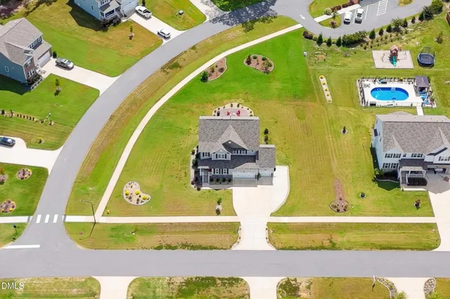 an aerial view of a swimming pool