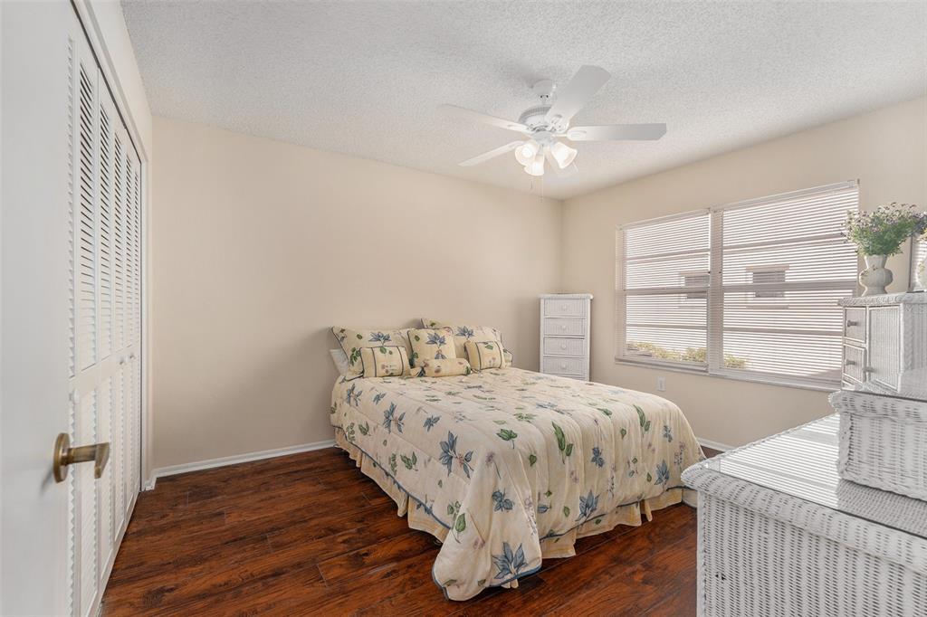 4636 Portland Manor Drive New Port Richey, FL 34655 - Photo 22 of 37 a bedroom with a bed and a large window with wooden floor