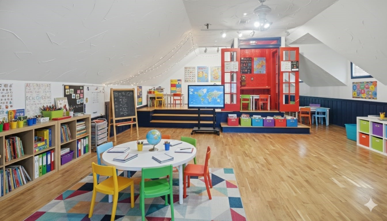 1431 Walnut Lane Houston, TX 77339 - Photo 27 of 47 This spacious, light-filled room is virtually staged and perfect for a vibrant home classroom or play area. It features colorful décor, ample storage, and a cozy reading nook, making it an ideal space for creativity and learning.