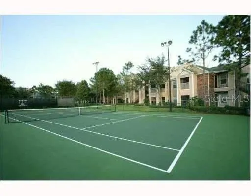a view of a tennis ground with large trees