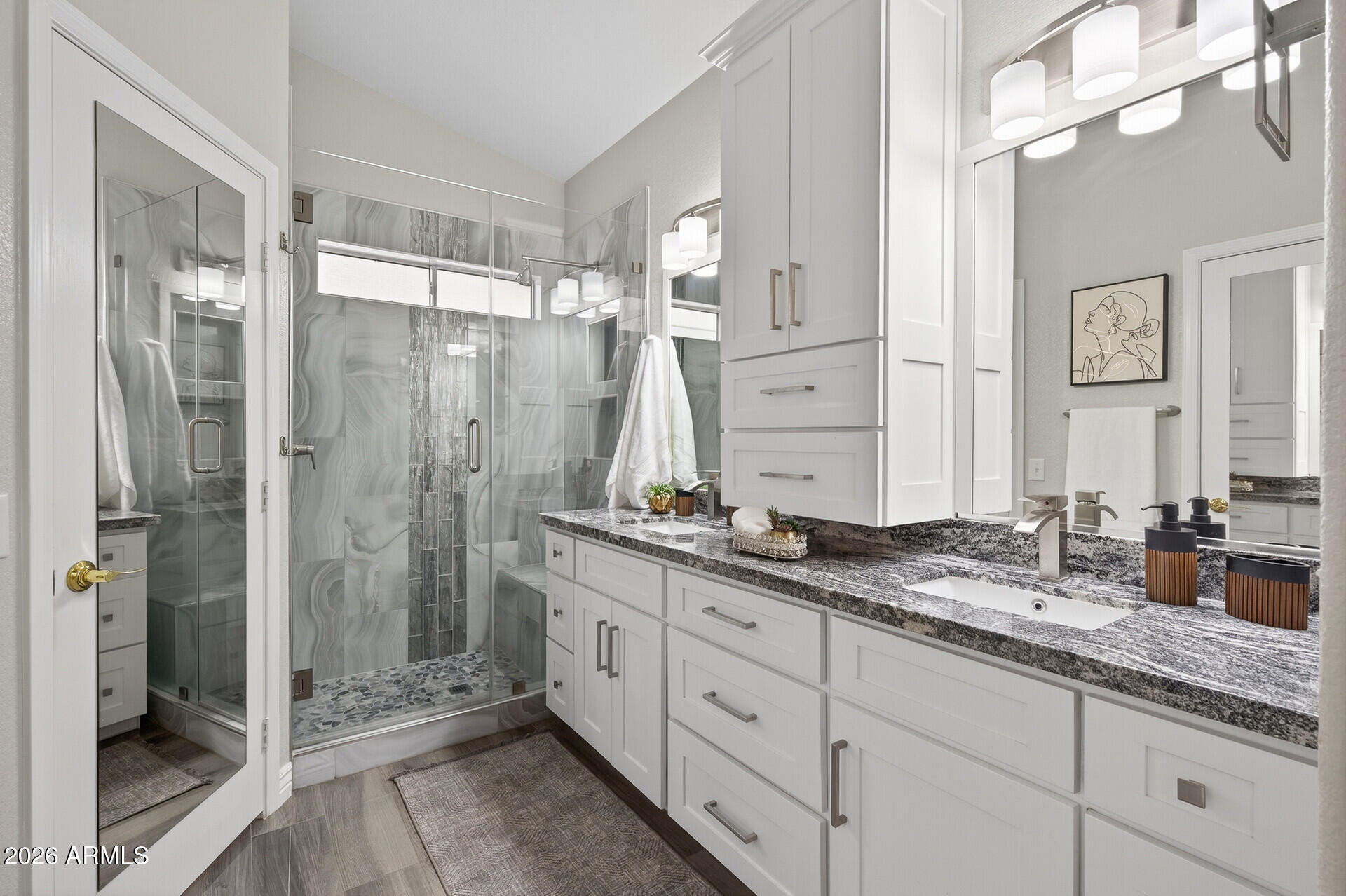 3533 North 159th Lane Goodyear, AZ 85395 - Photo 30 of 65 a bathroom with a granite countertop sink mirror and double
