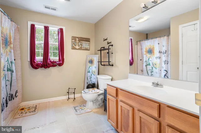 a bathroom with a sink a toilet and a shower curtain