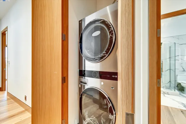 a view of balcony with wooden floor