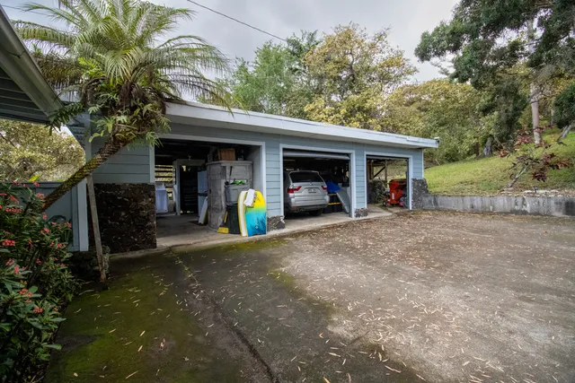 a view of a house with large trees and a small yard