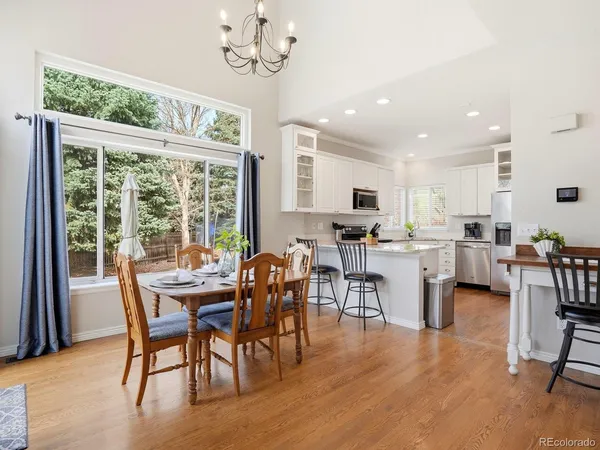a view of a dining room with furniture window and outside view