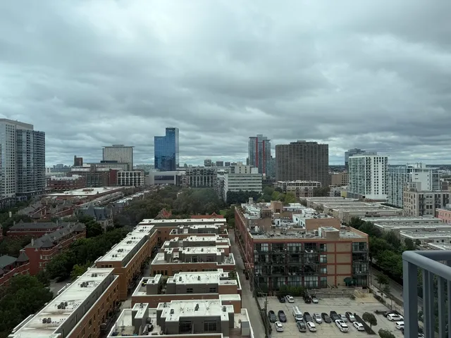 a city view with tall buildings