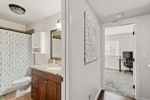 a bathroom with a granite countertop sink a toilet and shower