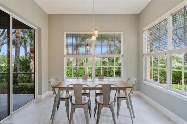 a view of a dining room with furniture window and outside view
