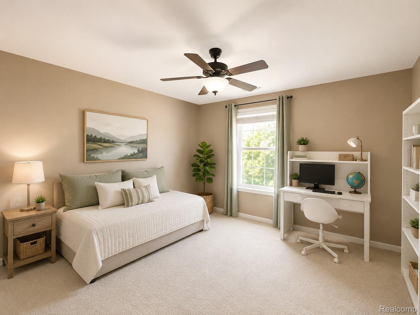 915 Barclay Circle Rochester, MI 48307 - Photo 10 of 14 Spacious room featuring neutral wall tones, plush carpet flooring, a ceiling fan with integrated lighting, and a double-hung window providing natural illumination