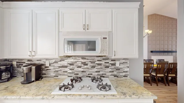 a aerial view of a house with a yard and potted plants