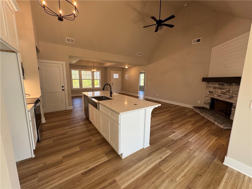 1612 Pickens Street Ball Ground, GA 30107 - Photo 13 of 53 a kitchen with stainless steel appliances a stove top oven a sink a refrigerator cabinets and wooden floor