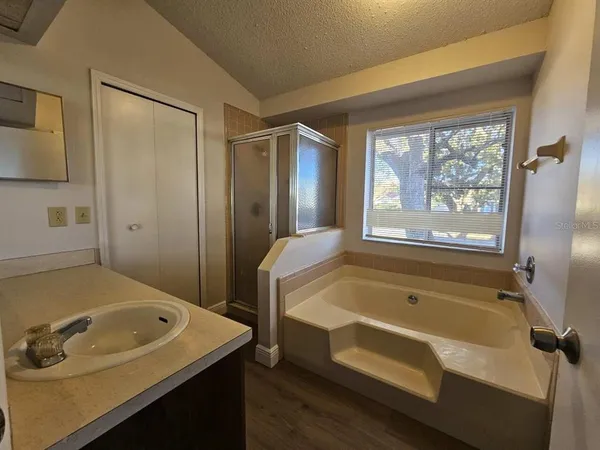 a bathroom with a tub sink and mirror