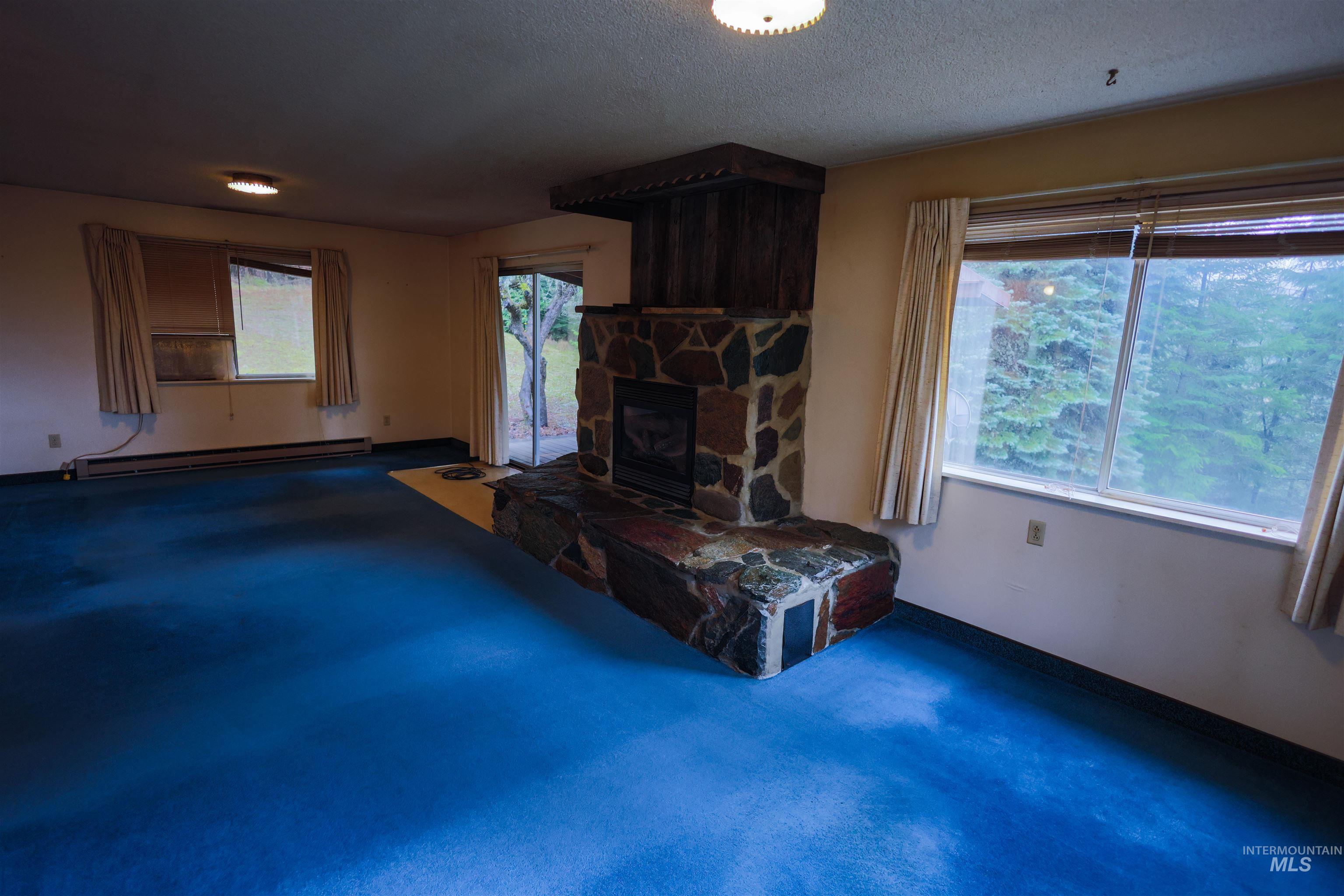 717 Big Cedar Road Kooskia, ID 83539 - Photo 7 of 50 Unfurnished living room featuring a baseboard radiator, a fireplace, plenty of natural light, dark carpet, and a textured ceiling
