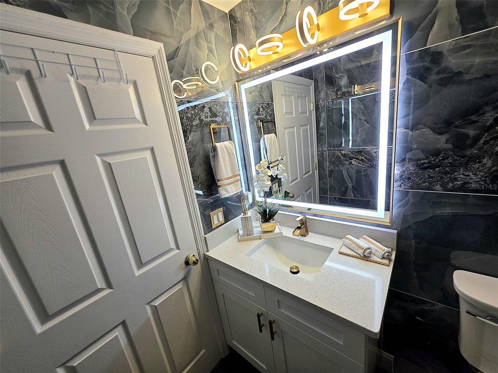 24921 Ravello Street Land O Lakes, FL 34639 - Photo 18 of 36 a bathroom with a sink a mirror and a toilet