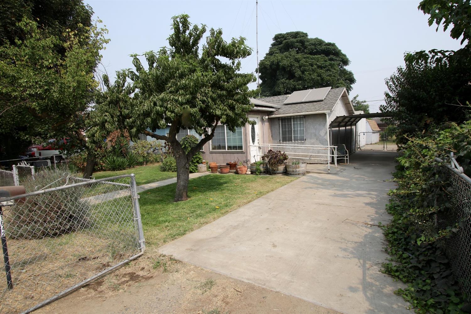 a view of a house with a yard plants and large tree