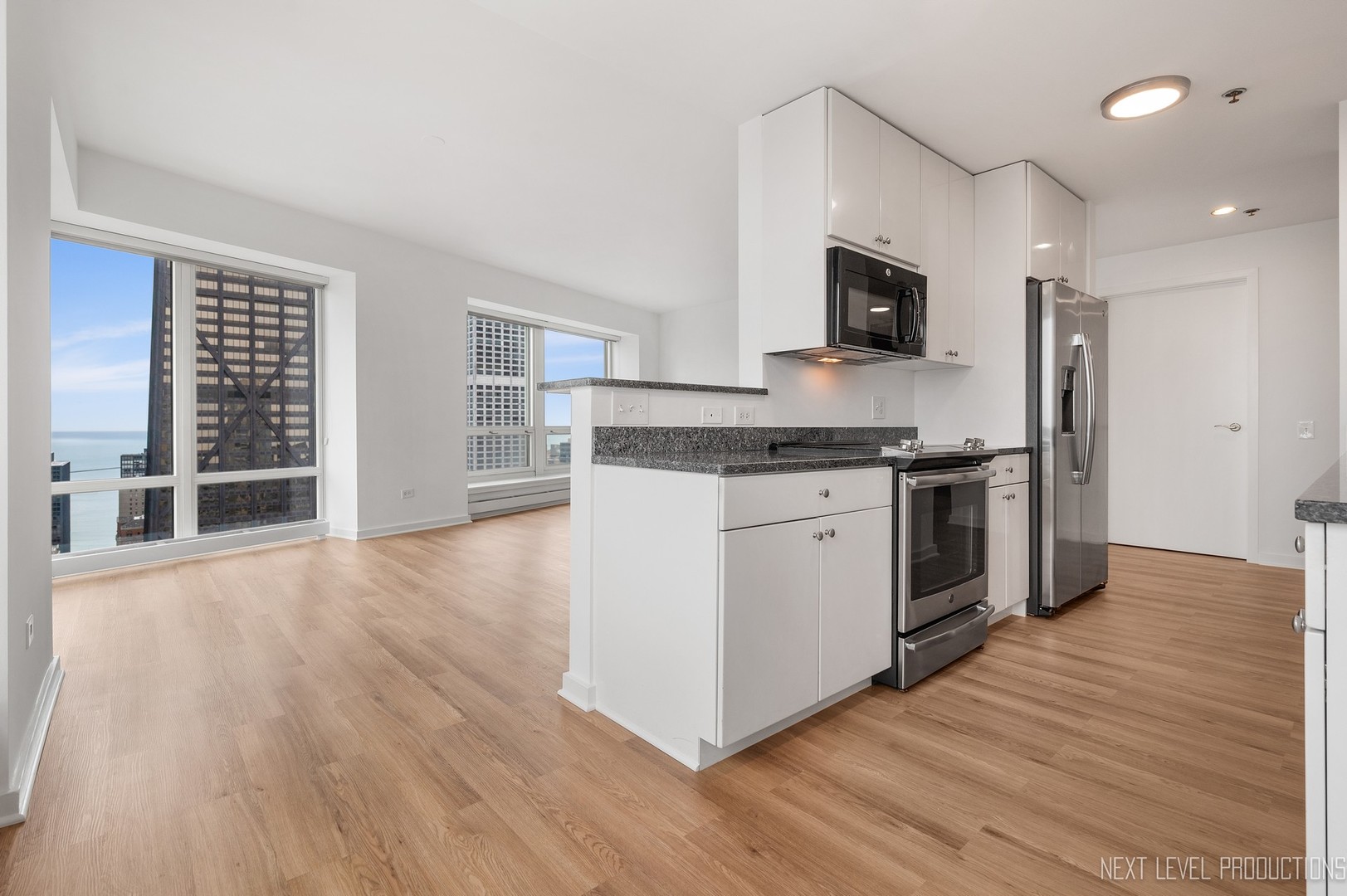 57 East Delaware Place, Unit 3203 Chicago, IL 60611 - Photo 8 of 27 a kitchen with stainless steel appliances granite countertop a stove top oven a sink dishwasher a refrigerator and a microwave oven with wooden floor