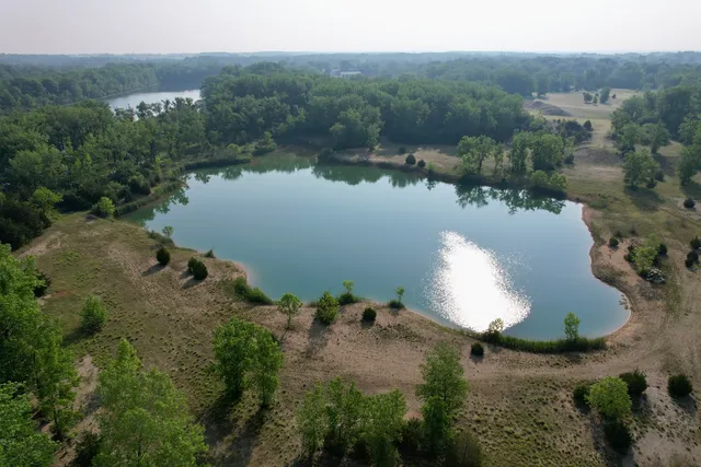 an aerial view of green landscape with trees houses and lake view