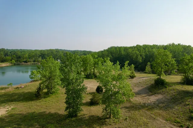 a view of a garden with a lake