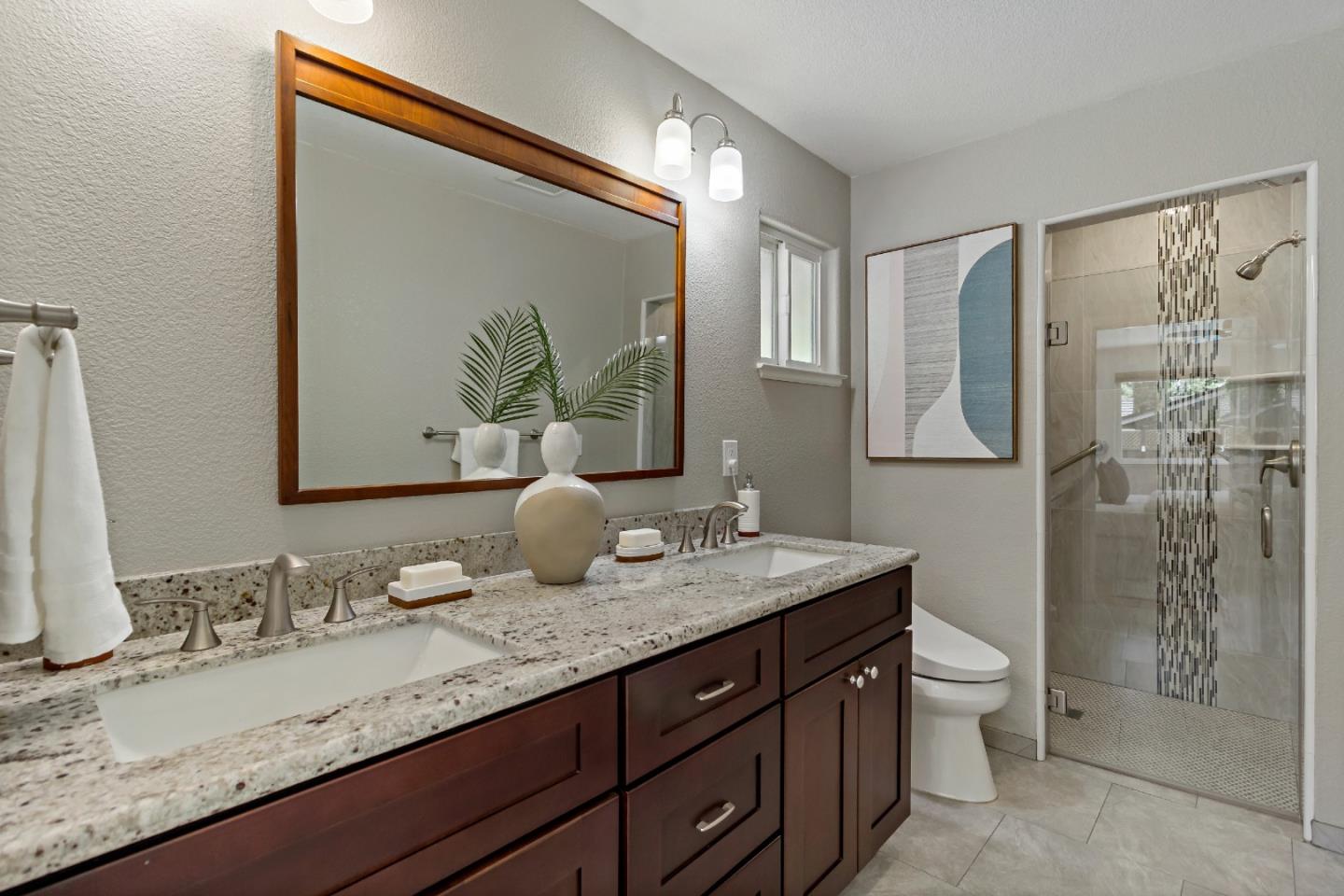 869 Terrace Drive Los Altos, CA 94024 - Photo 58 of 86 a bathroom with a granite countertop sink toilet and shower