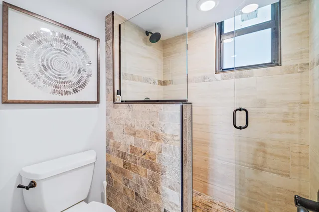 a bathroom with a shower and a toilet
