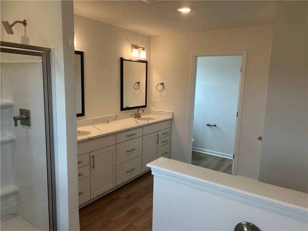 217 Bellflower Lane Anderson, SC 29625 - Photo 19 of 27 Double vanity with elegant stone counters and a spacious shower unit define this well-appointed primary bathroom.