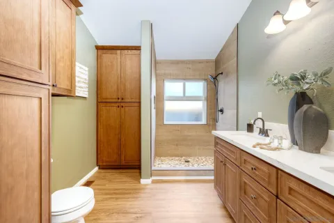 a bathroom with a granite countertop sink toilet and shower