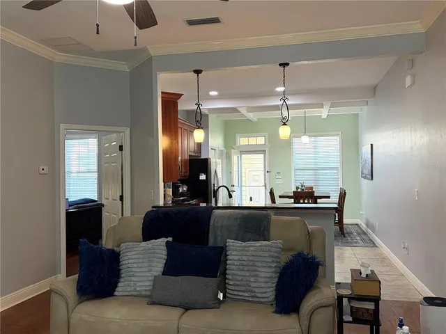 a view of a dining room with furniture