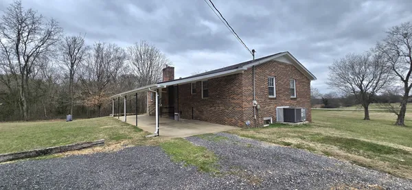 a view of a house with backyard and a tree
