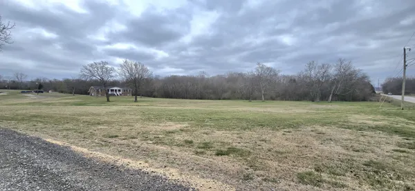 a view of a field with trees in the background