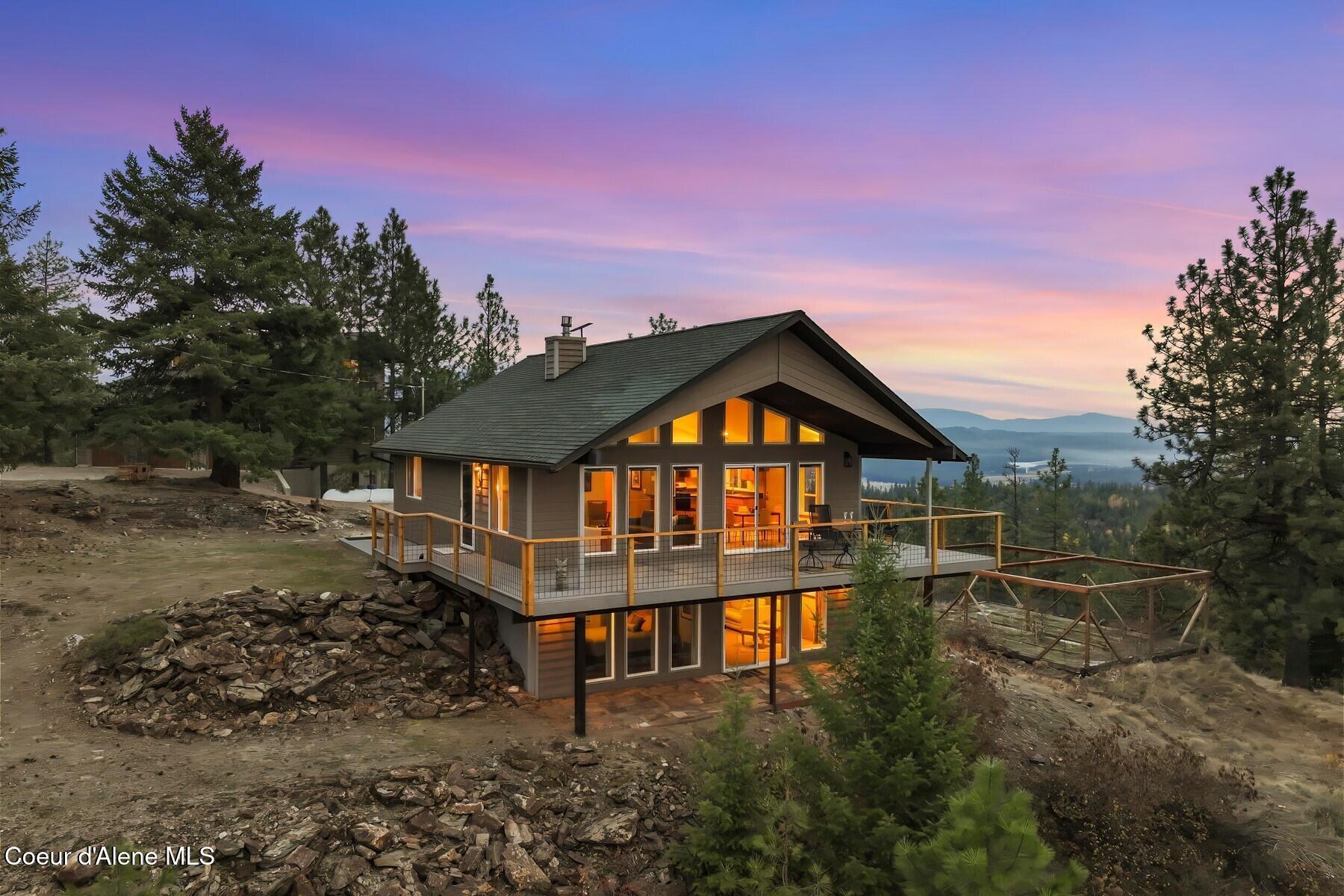 Mountain cabin exterior sunset
